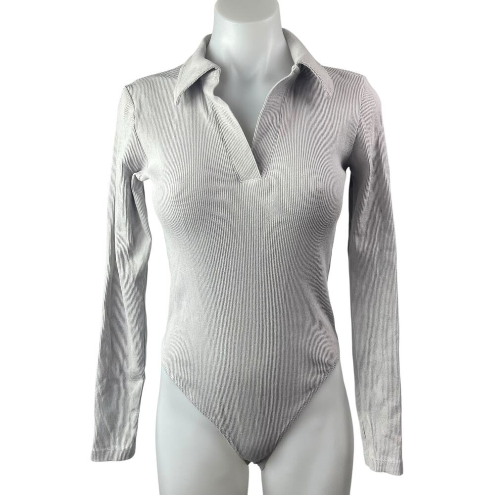 Collusion Gray Long Sleeve Ribbed Knit Thong Collared Polo Bodysuit Top Size 8